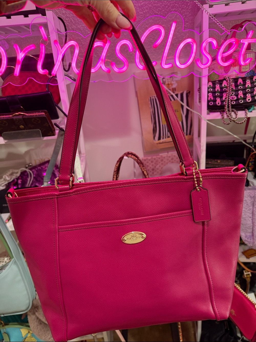 Coach 🩷Hot Pink Leather Tote with Gold Plaque